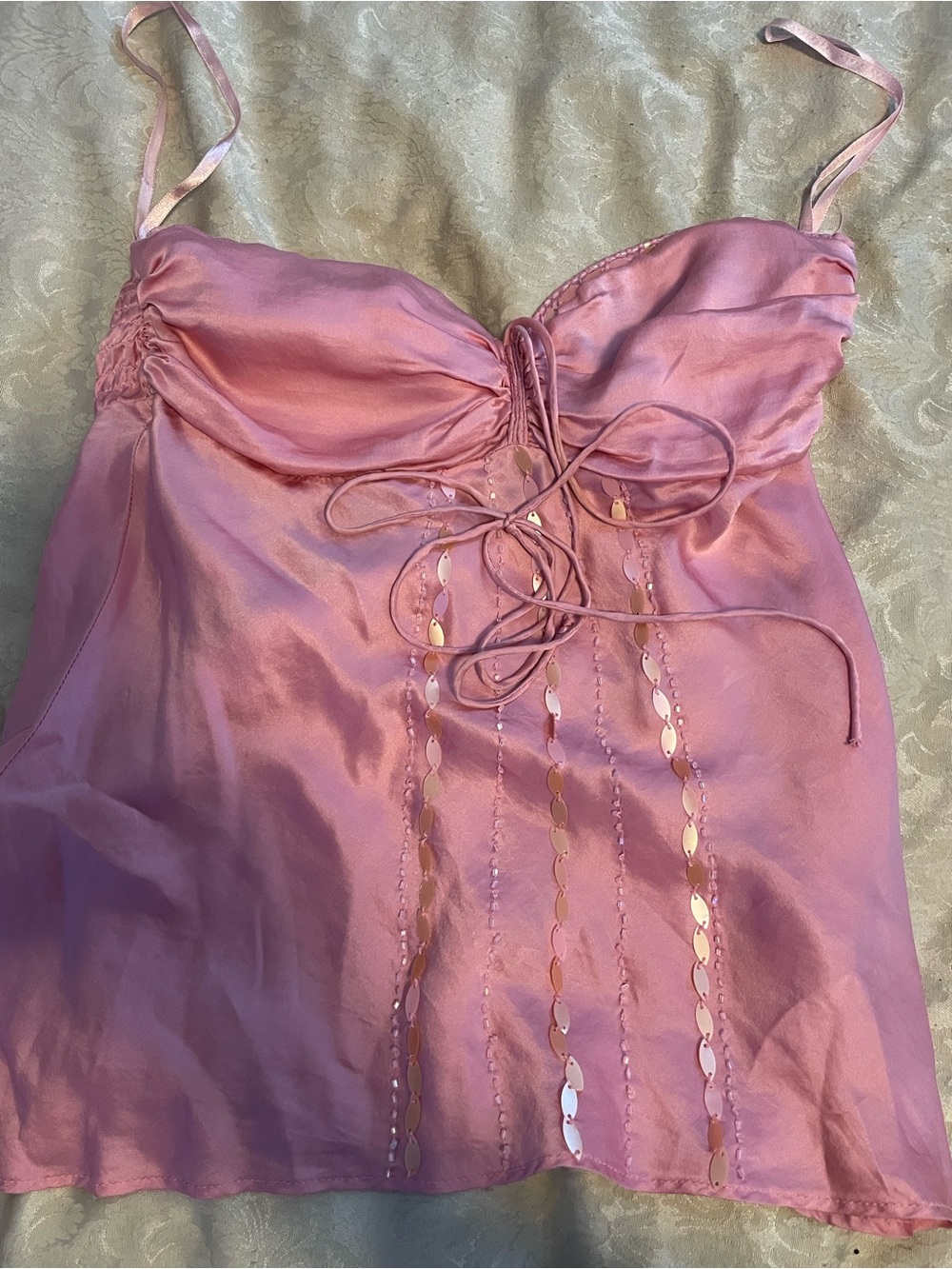 Charlotte Russe sz 8 Pink Satin Spaghetti-Strap Baby Doll Top with Sequin Detail